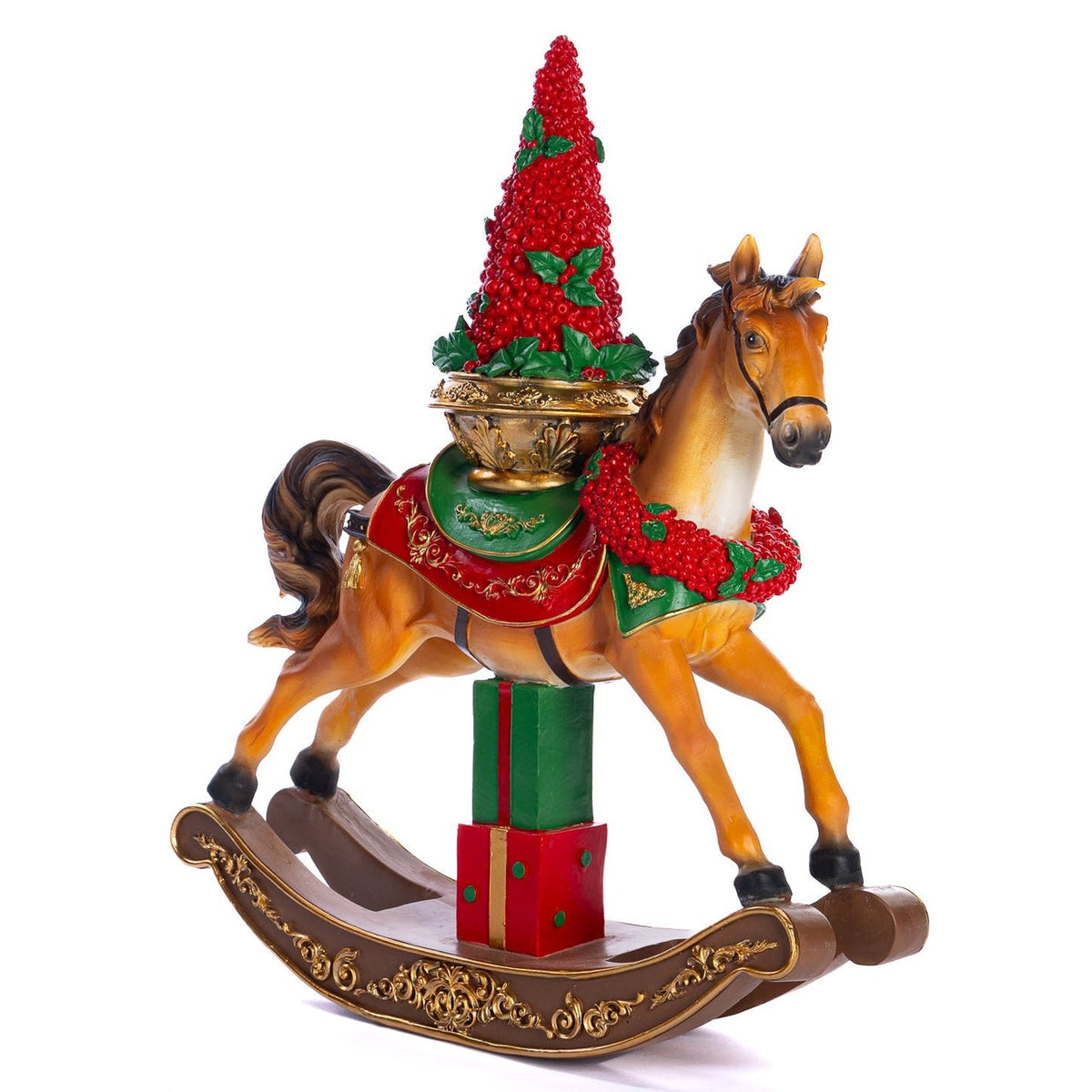 GOODWILL Statuina Cavallo a dondolo di Natale con albero di mirtilli e regali 43,5 cm