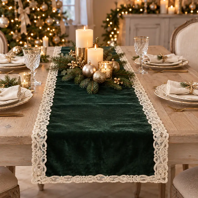Fiori di Lena Runner in Velluto Verde Inglese con Pizzo Oro 140×40 cm